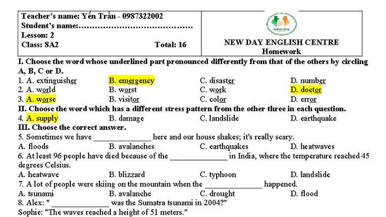 Lesson 2 Homework - 8A2 - NEW DAY ENGLISH CENTRE - Studocu