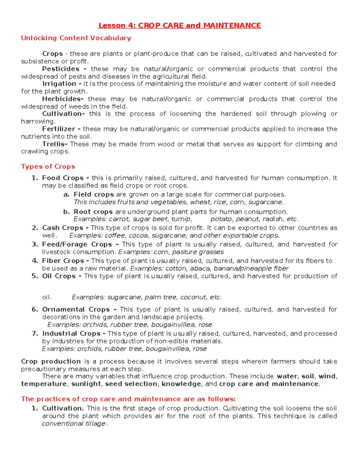 Lesson 4: Crop Care & Maintenance Essentials - Studocu