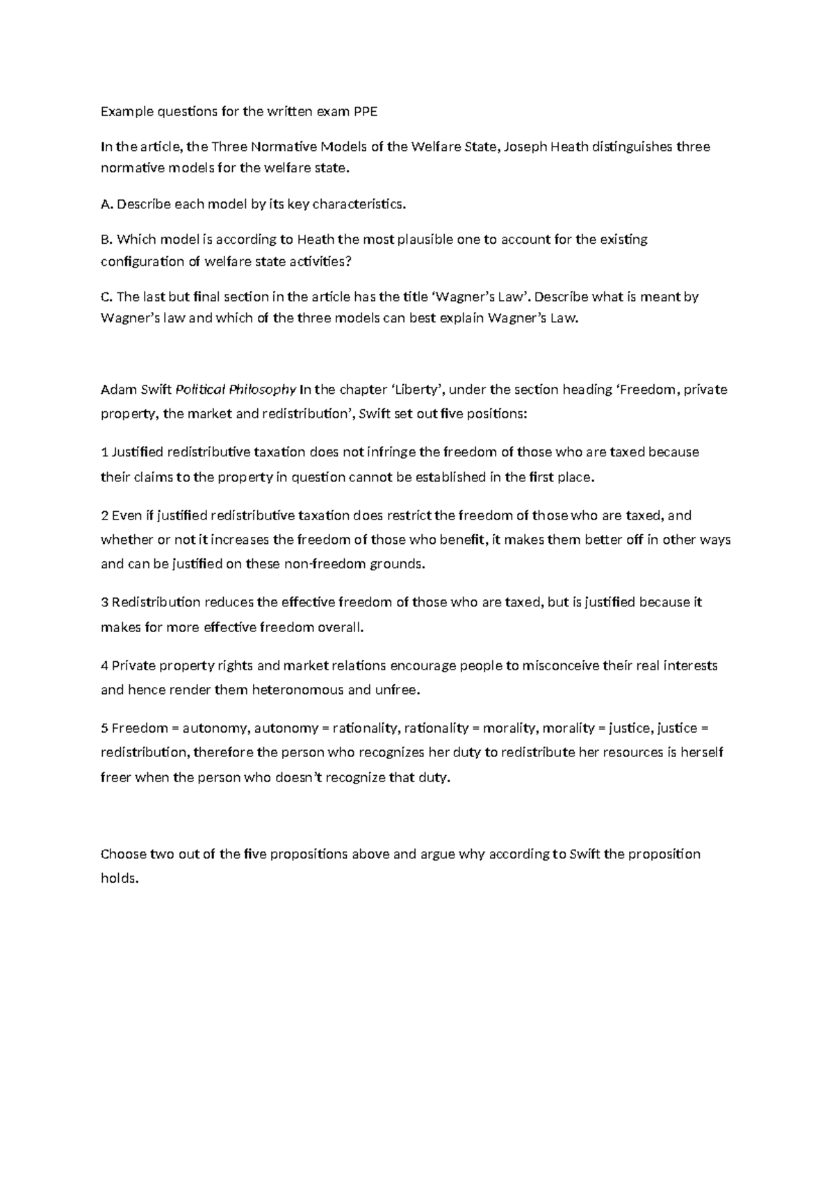 PPE Written Exam: Key Questions on Welfare State Models ...