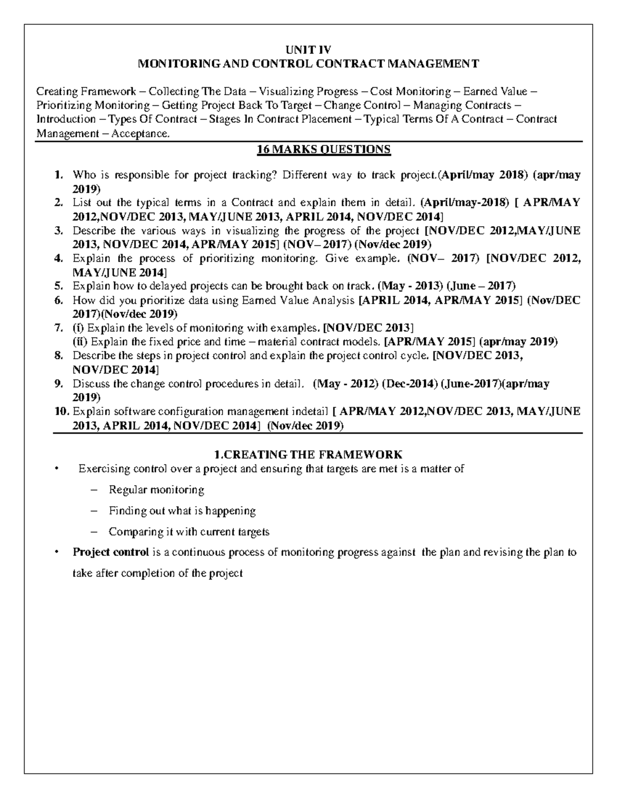 SPM Unit 4: Monitoring and Control in Contract Management (2019) - Studocu