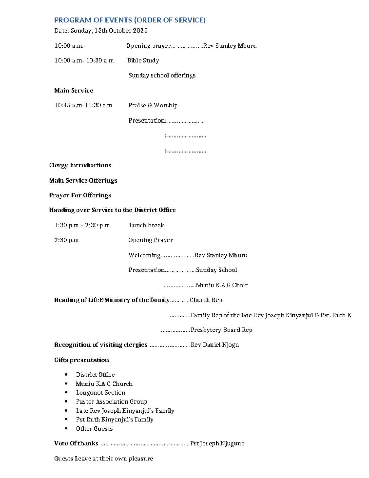 Program of Events: Order of Service - Sunday, 13th Oct 2025 - Studocu