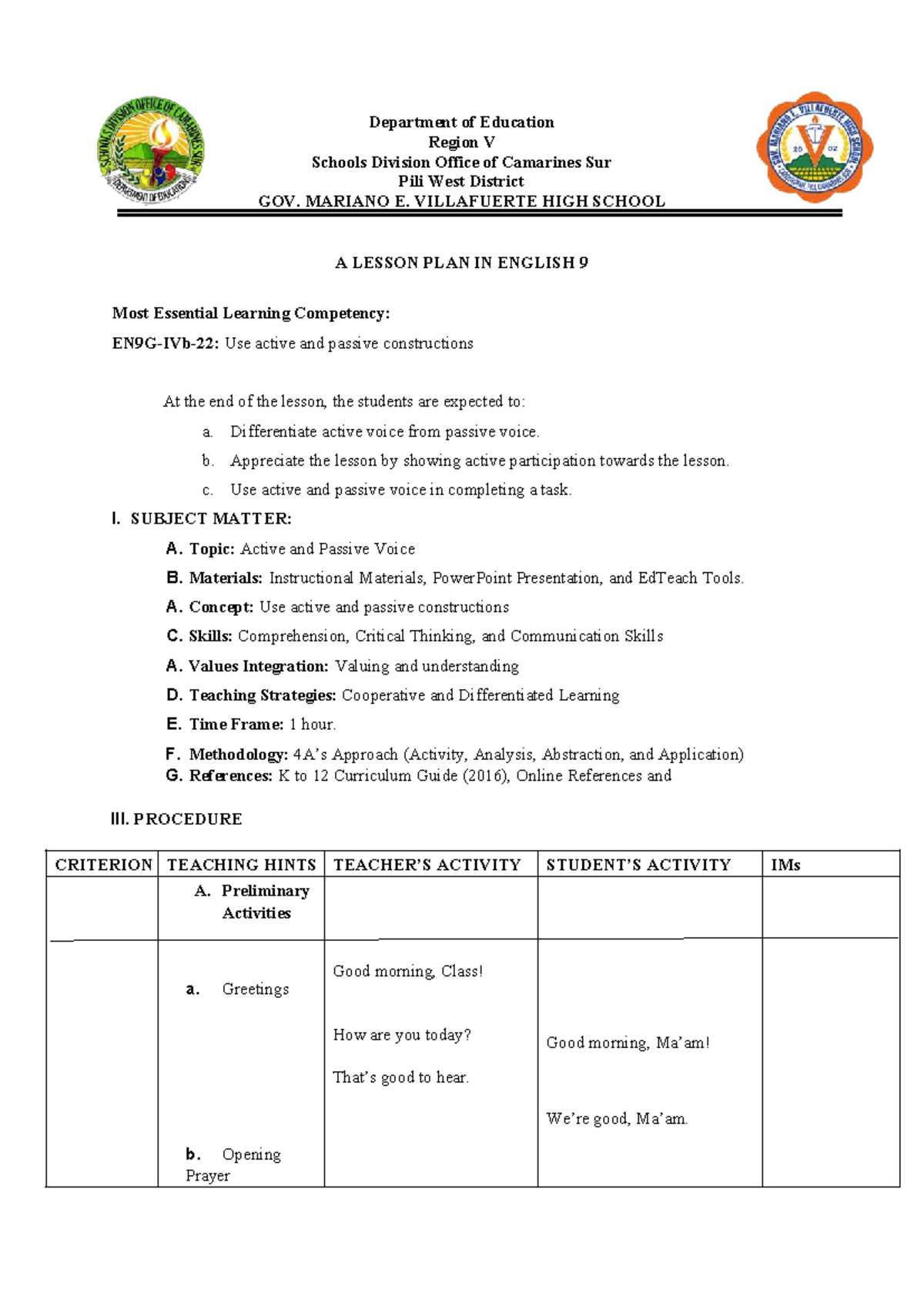 DLL-2ND Topic-ENG9 - EN9G-IVb-22: Lesson Plan on Active & Passive Voice ...