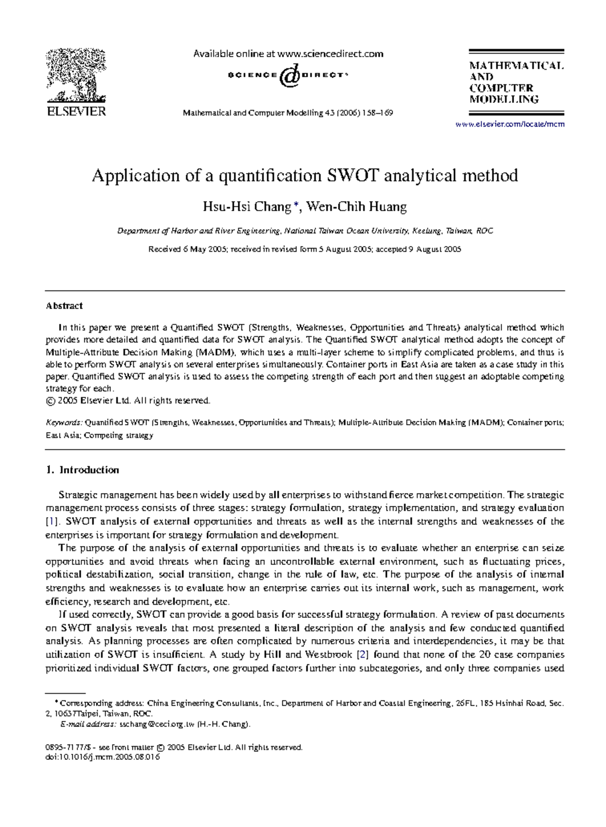 Quantified SWOT Analysis for Container Ports in East Asia (MCM 43 ...