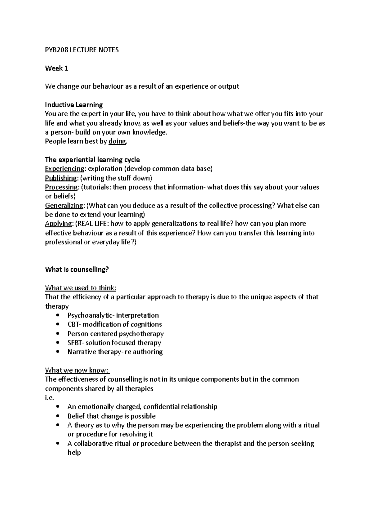 PYB208 Final Lecture Notes on Counselling and Learning Techniques - Studocu