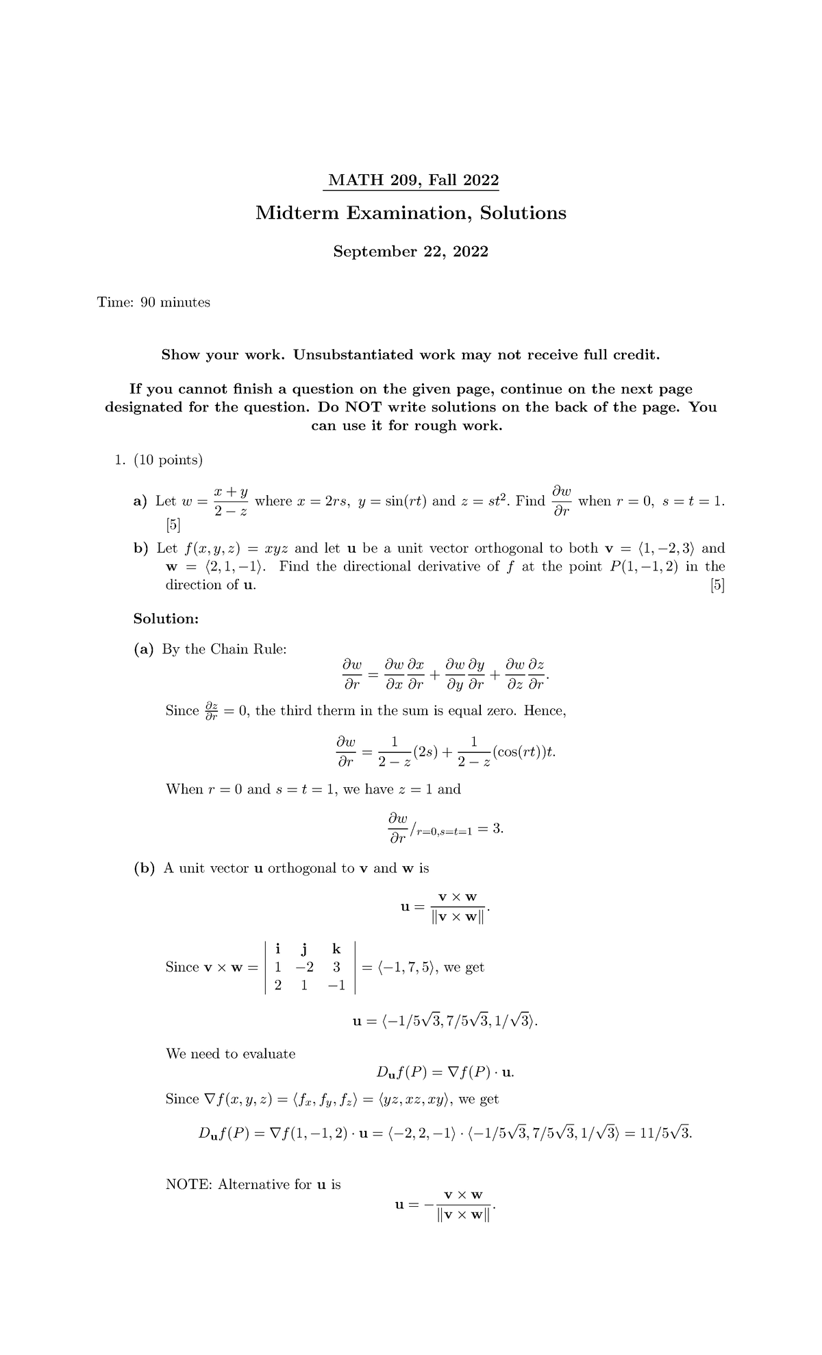 2022-Fall-MATH 209 Midterm Exam Solutions and Analysis - Studocu