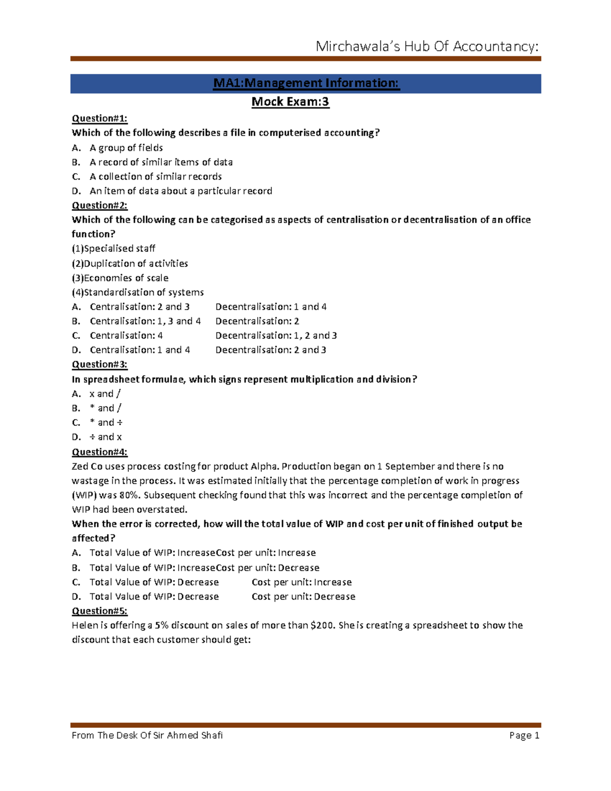 MA1 Mock Exam 3: Management Information Solutions - Studocu