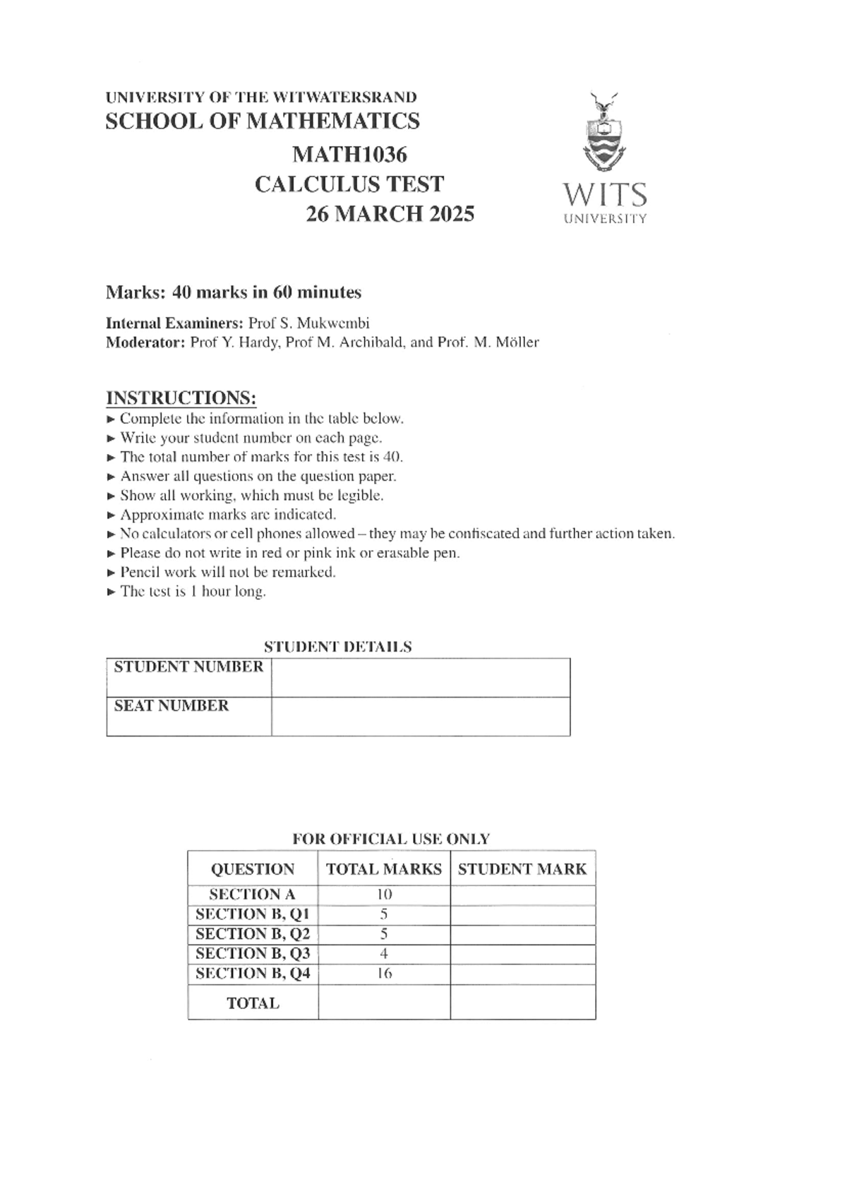 MATH1036 Calculus Midterm Test - 26 March 2025 - Studocu