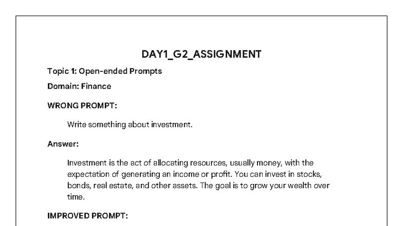 DAY1_G2_ASSIGNMENT: Prompts in Finance, Education, and More - Studocu
