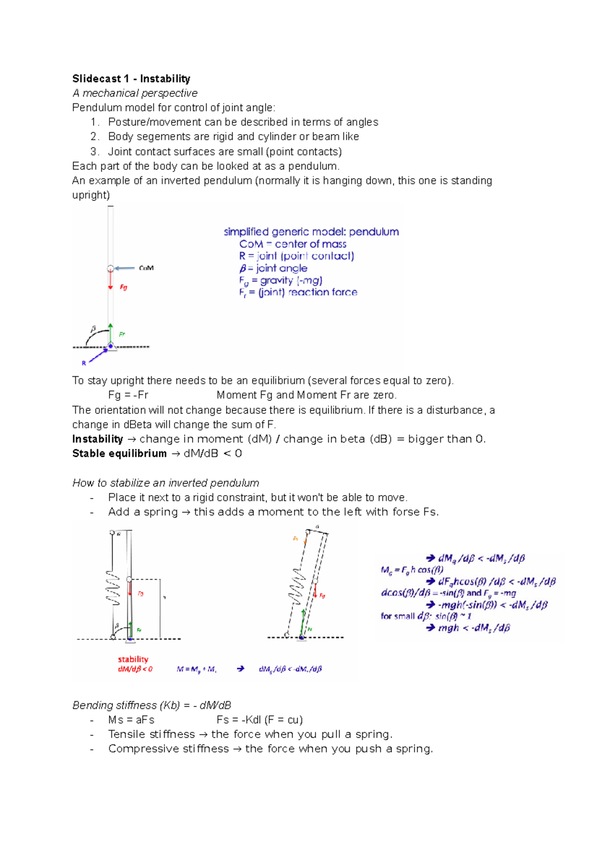 HMS 2023 Lecture Notes: Pendulum Stability & Control Mechanisms ...