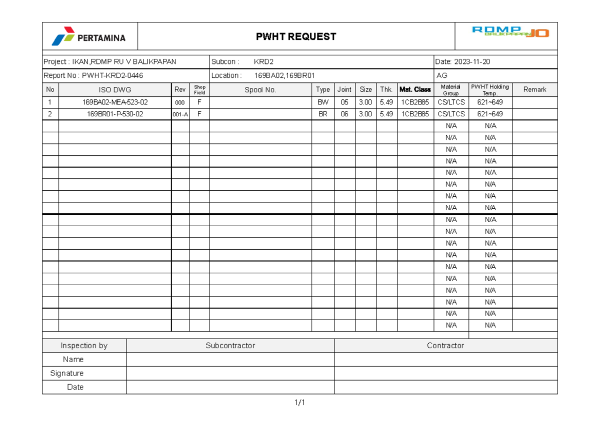 PWHT-KRD2-0446 (PR 169) - 0 Inspection by Name Signature Date ...