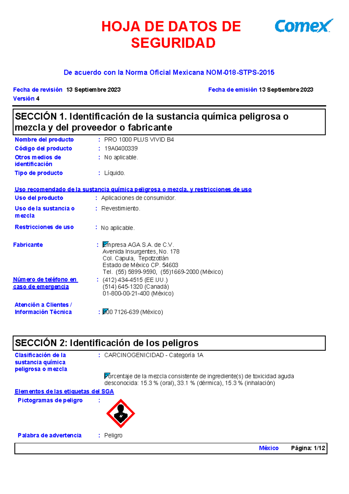Hojas de Datos de Seguridad - PRO 1000 PLUS Vivid B (Version 4) - Studocu