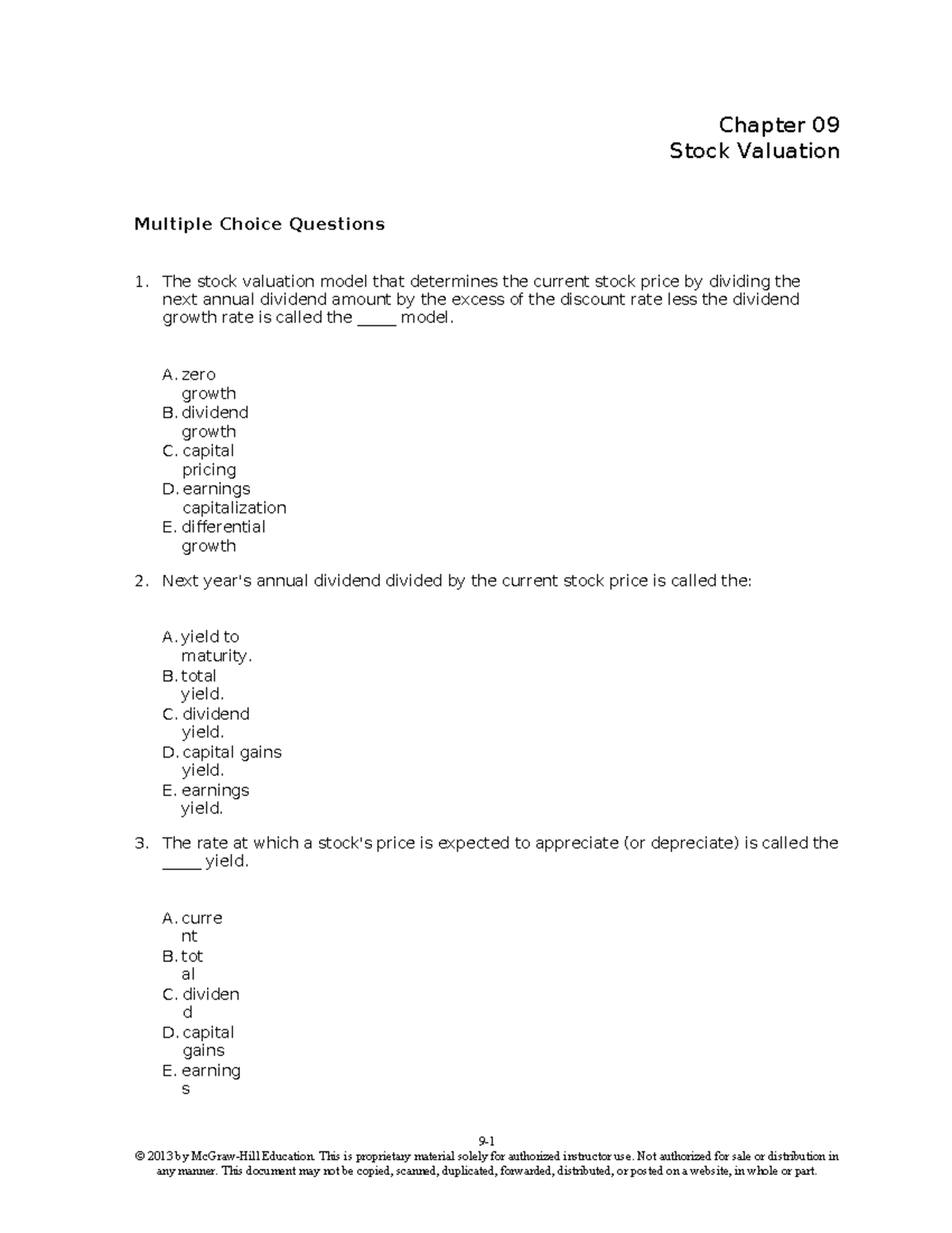TBChap 009 - finance notes - Chapter 09 Stock Valuation Multiple Choice ...