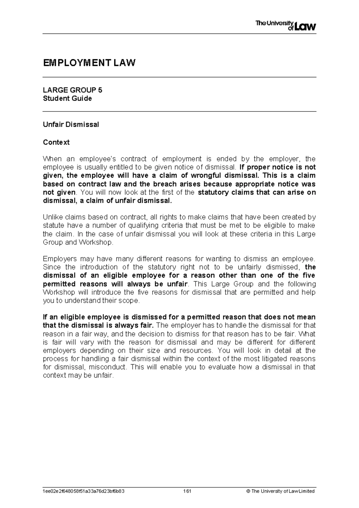 EL UNIT 5A: STUDENT GUIDE ON UNFAIR DISMISSAL IN EMPLOYMENT LAW - Studocu