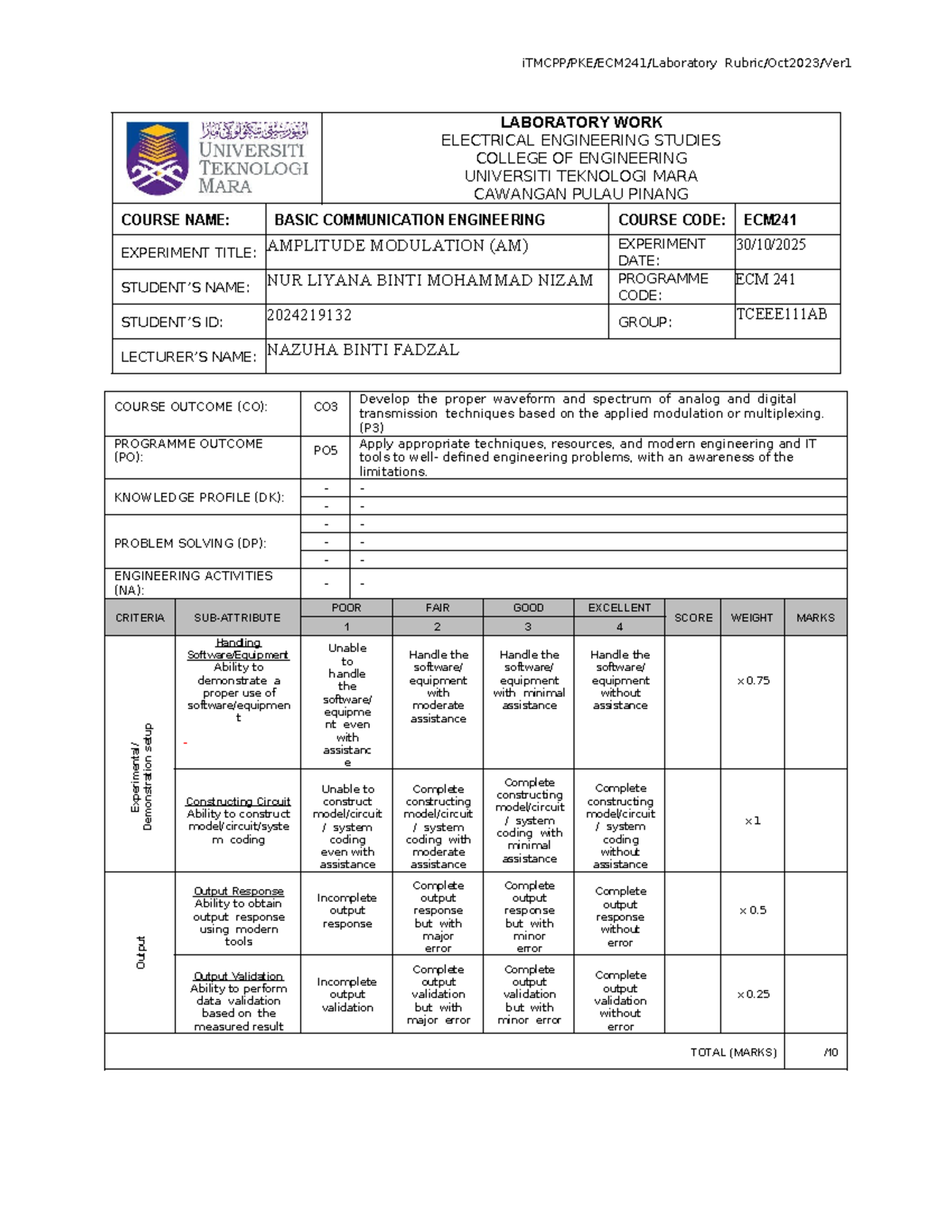 ECM241 Laboratory Work: Amplitude Modulation in Communication ...