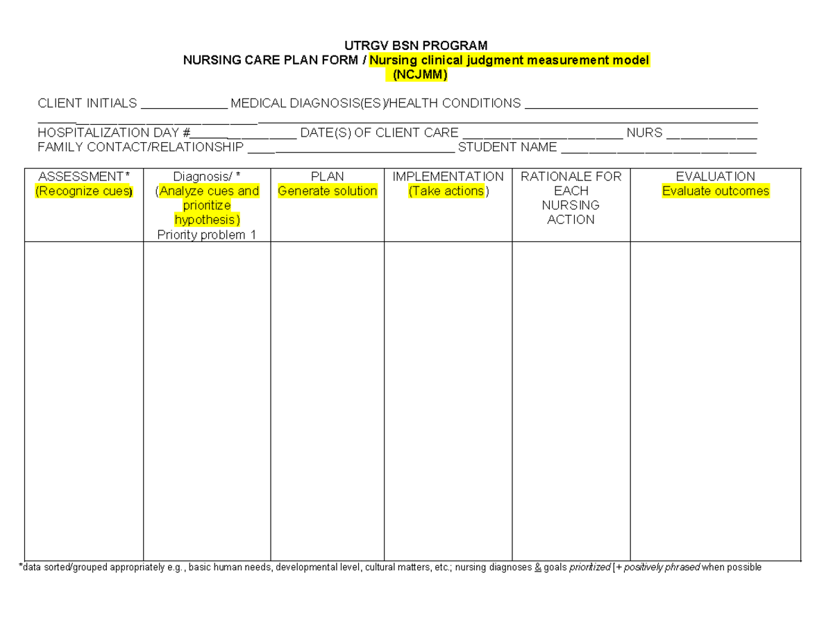 UTRGV BSN Nursing Care Plan Form (NCJMM) Template - Studocu