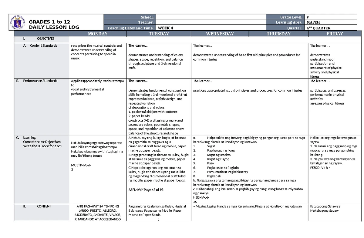 DLL Mapeh 5 Q4 W5 - dll - GRADES 1 to 12 DAILY LESSON LOG School: Grade ...