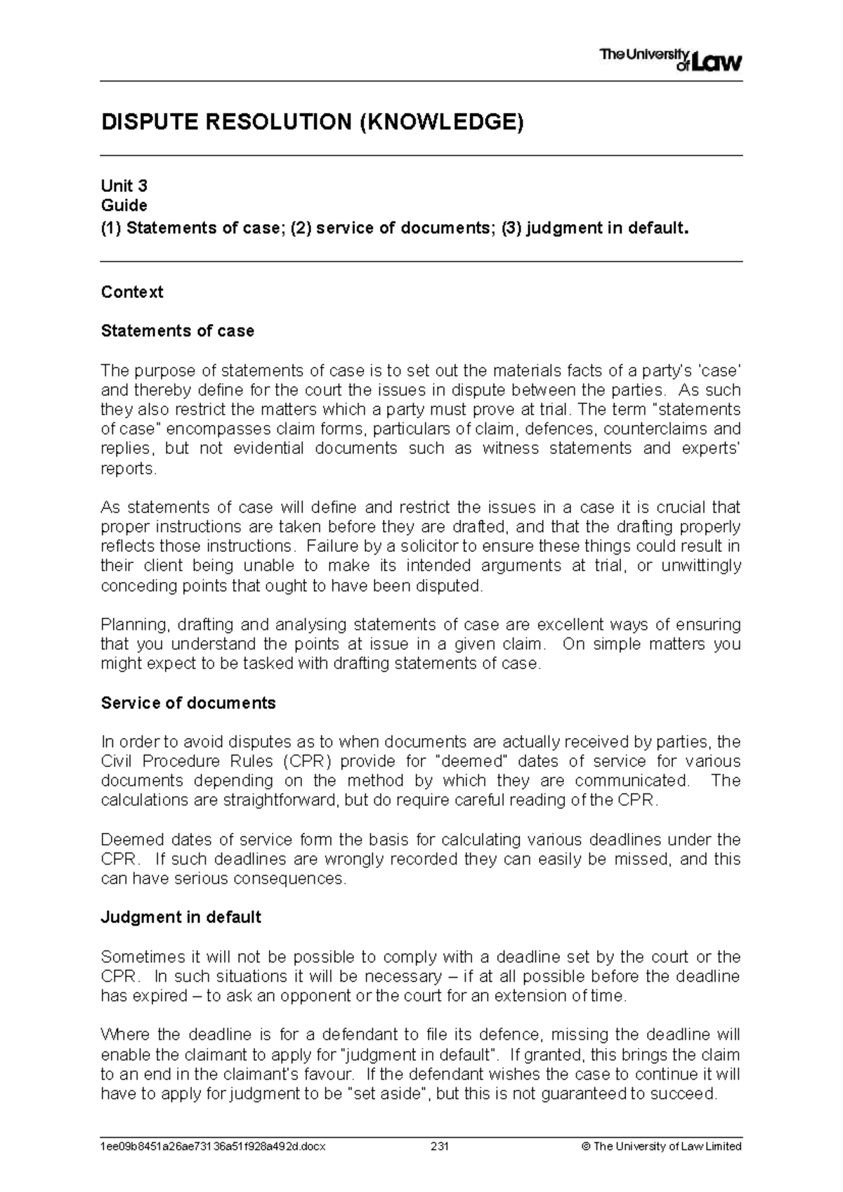 Dispute Resolution (WS03) Unit 3: Statements of Service & Judgment in ...