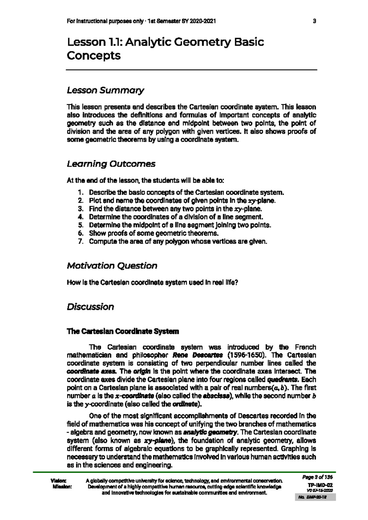 Math123m: Calculus I - Lesson 1.1 Summary on Analytic Geometry Concepts ...
