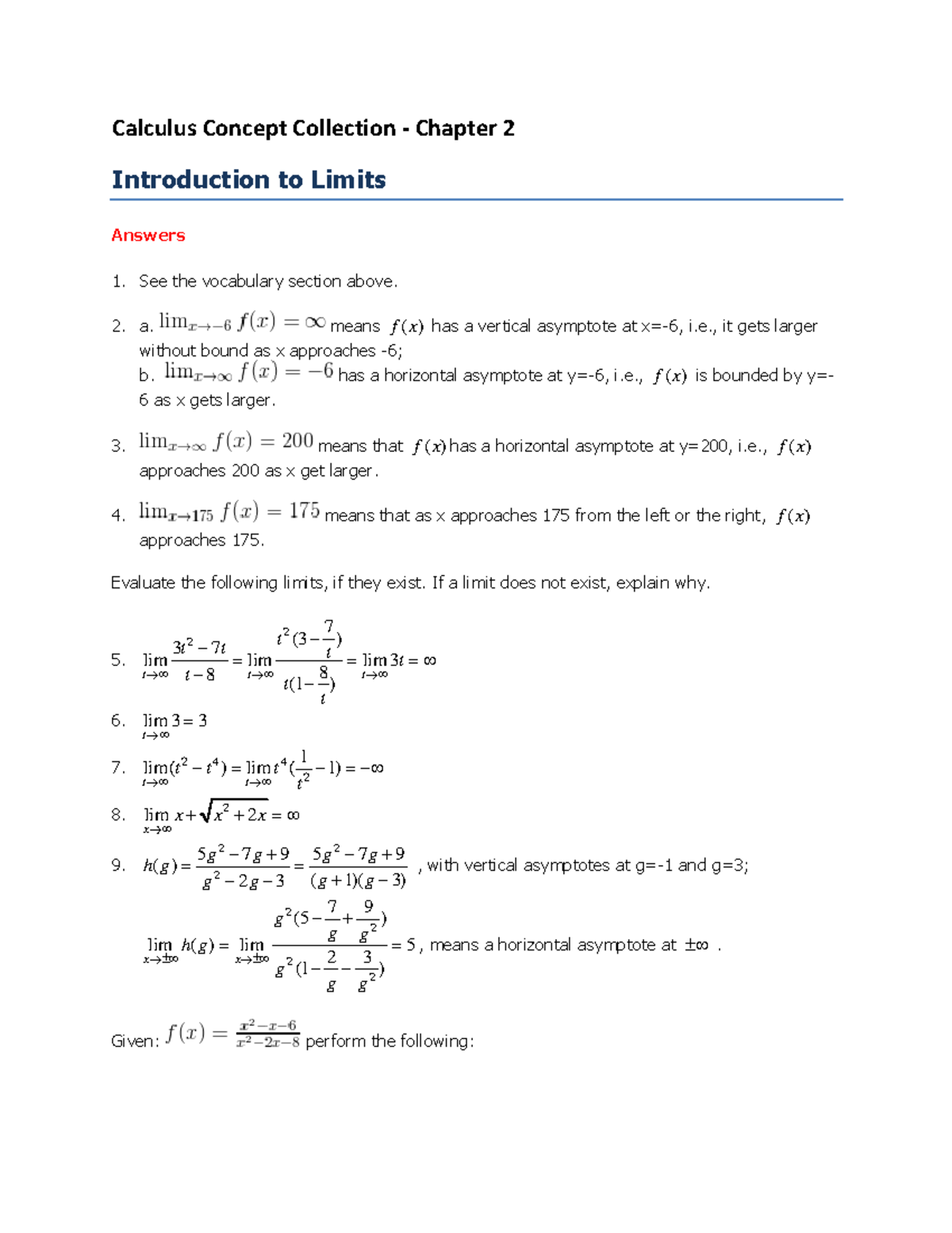 CC Calculus Chapter 2: Introduction to Limits - Detailed Answers - Studocu
