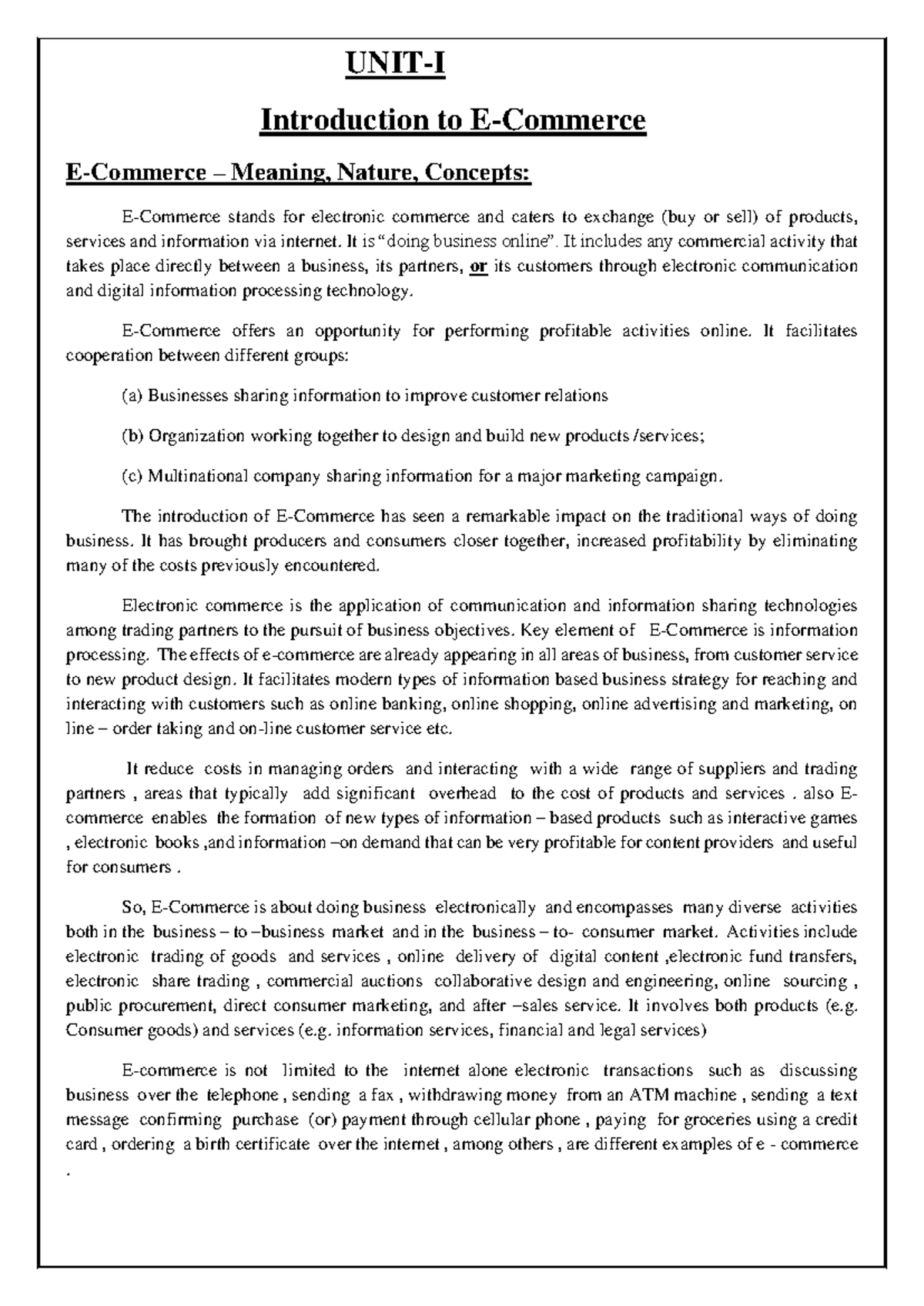 UNIT-1: Introduction to Electronic Commerce Concepts and Impacts - Studocu