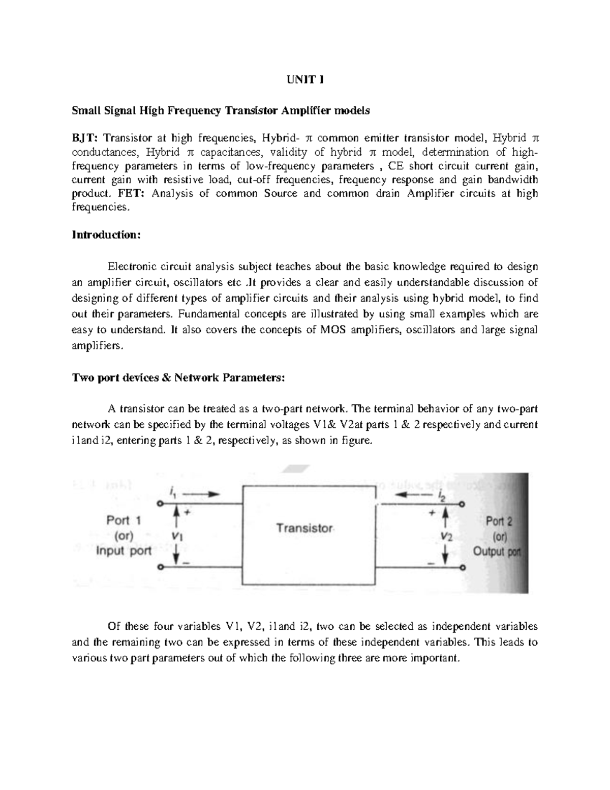 UNIT I Small Signal High Frequency Transistor Amplifier Models: BJT ...