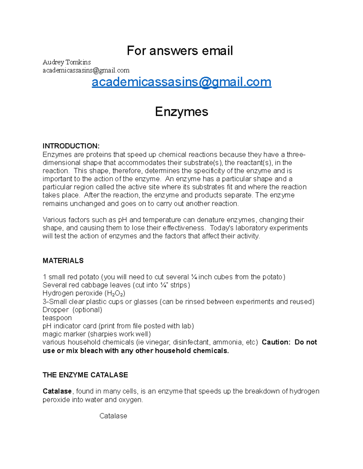Enzymes Lab - Reports and Questions on Catalase Activity Experiment ...