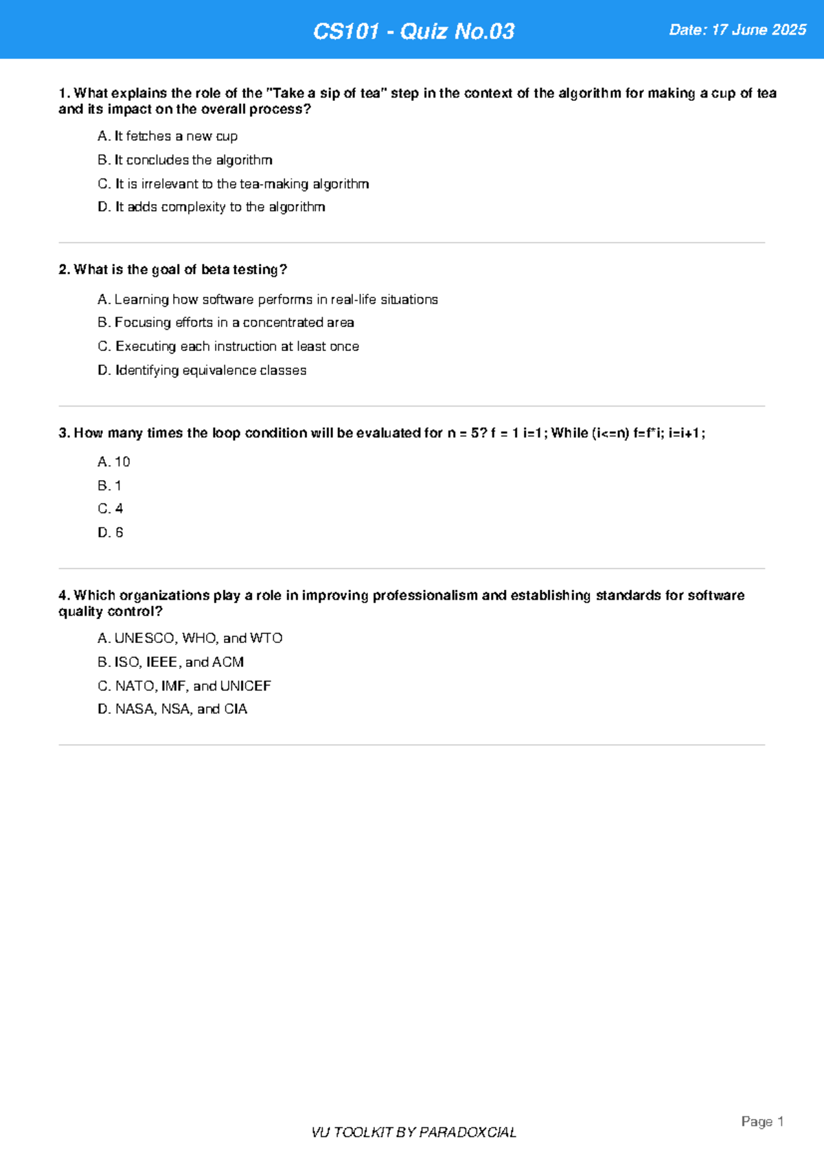 CS101 Quiz No.03 Solutions - 17 June 2025 - Studocu