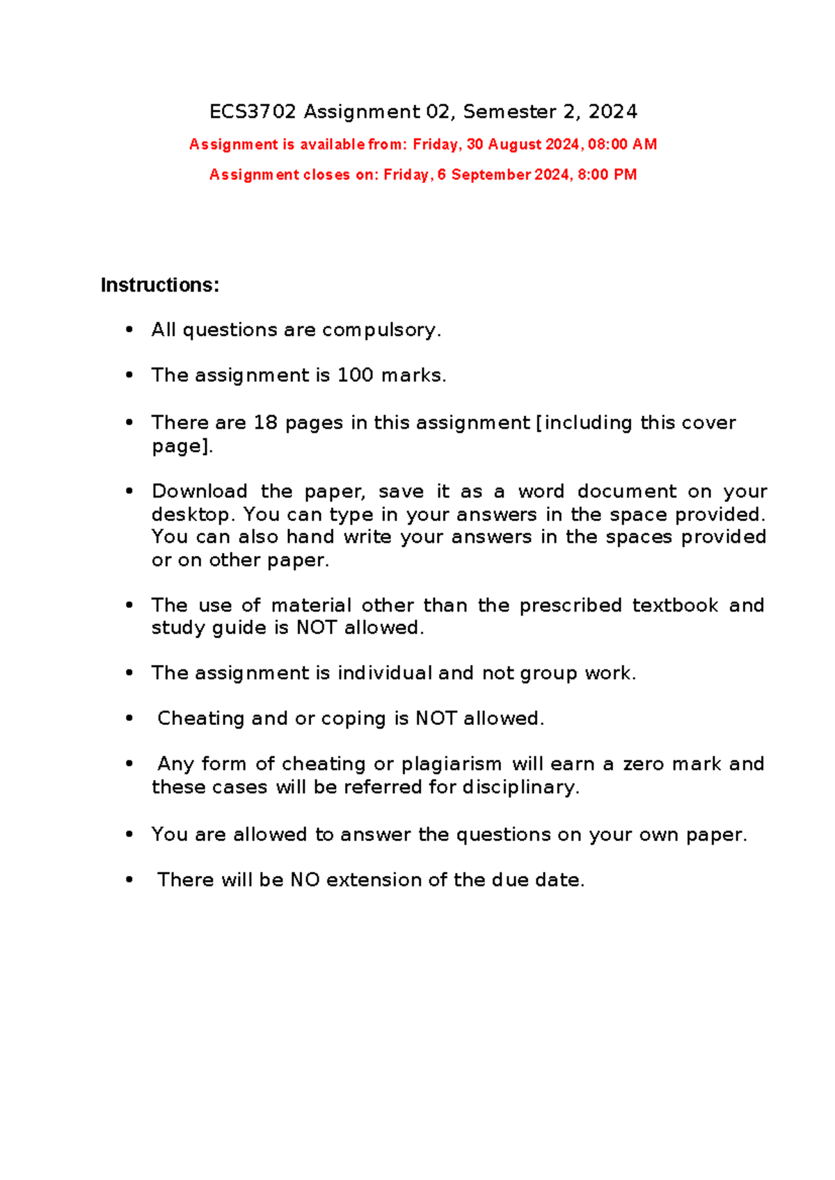 ECS3702 Assignment 02 Guidelines and Questions - Semester 2, 2024 - Studocu