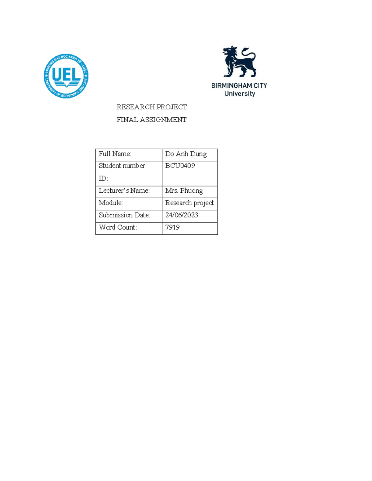 Research Project - RESEARCH PROJECT FINAL ASSIGNMENT Full Name: Do Anh ...