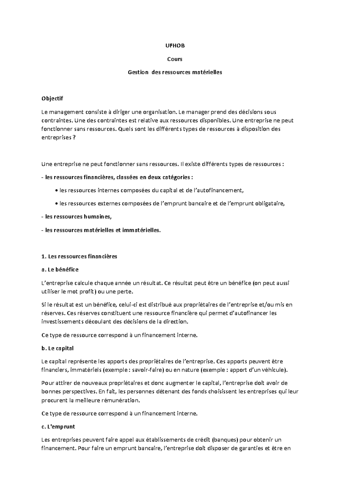 Gestion des Ressources Matérielles - Cours 1 UFHOB - Studocu