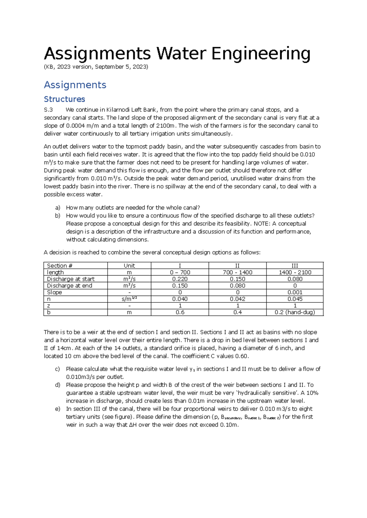 Water Engineering Assignments S3: Concepts & Calculations 2023 ...