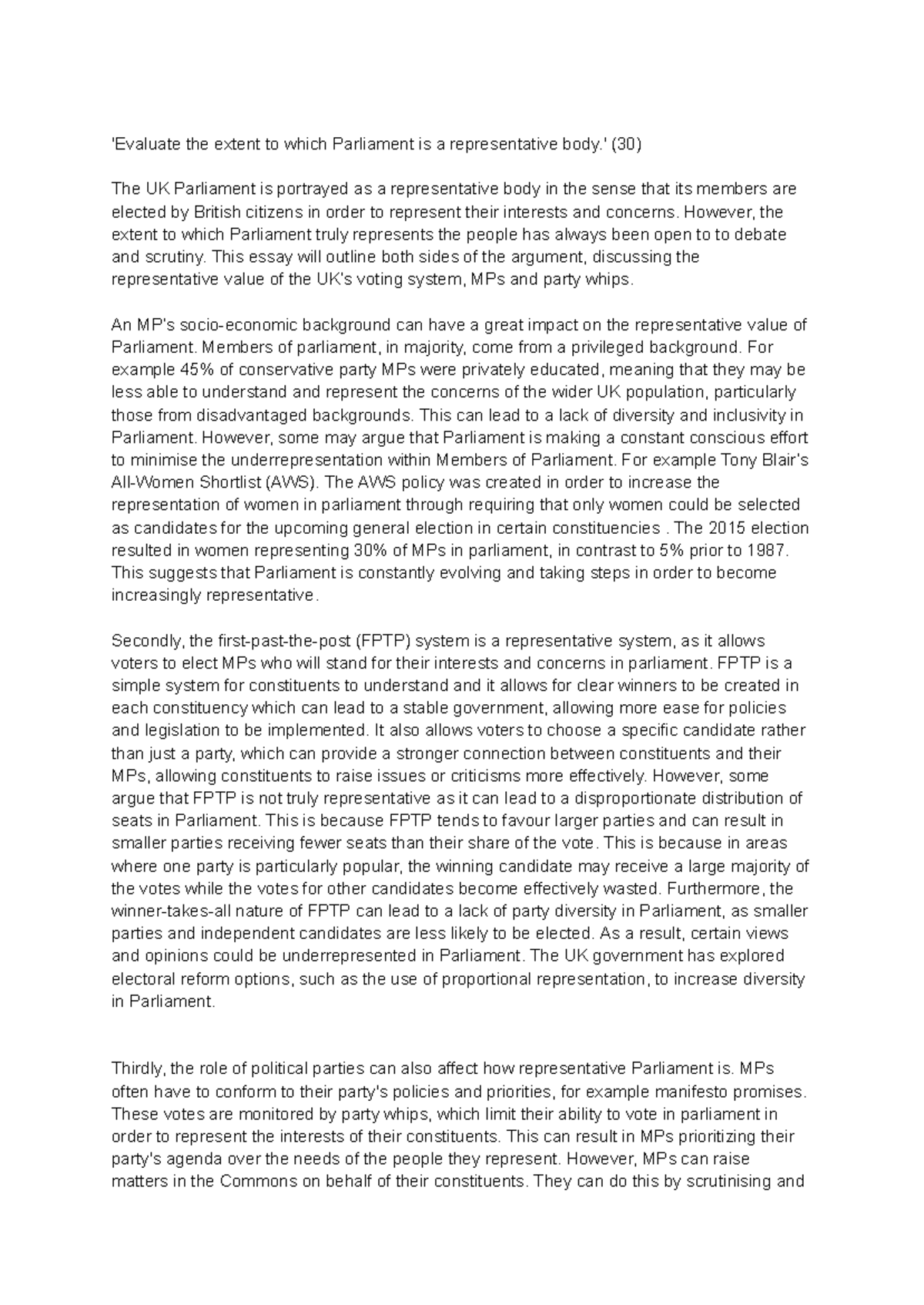 Politics Essay - Evaluating Parliament as a Representative Body (30 ...