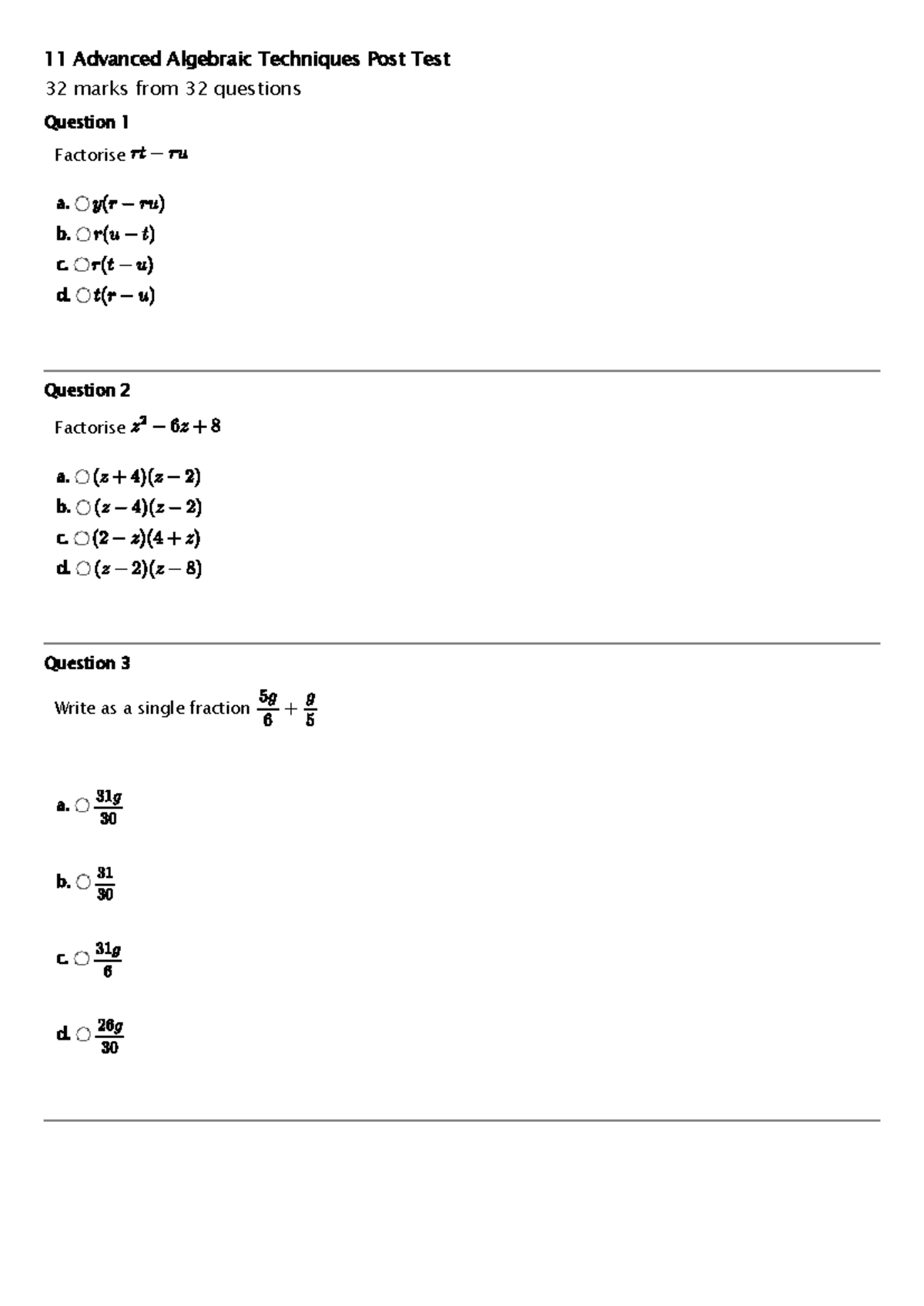 11 Advanced Algebraic Techniques Post Test Review - Studocu