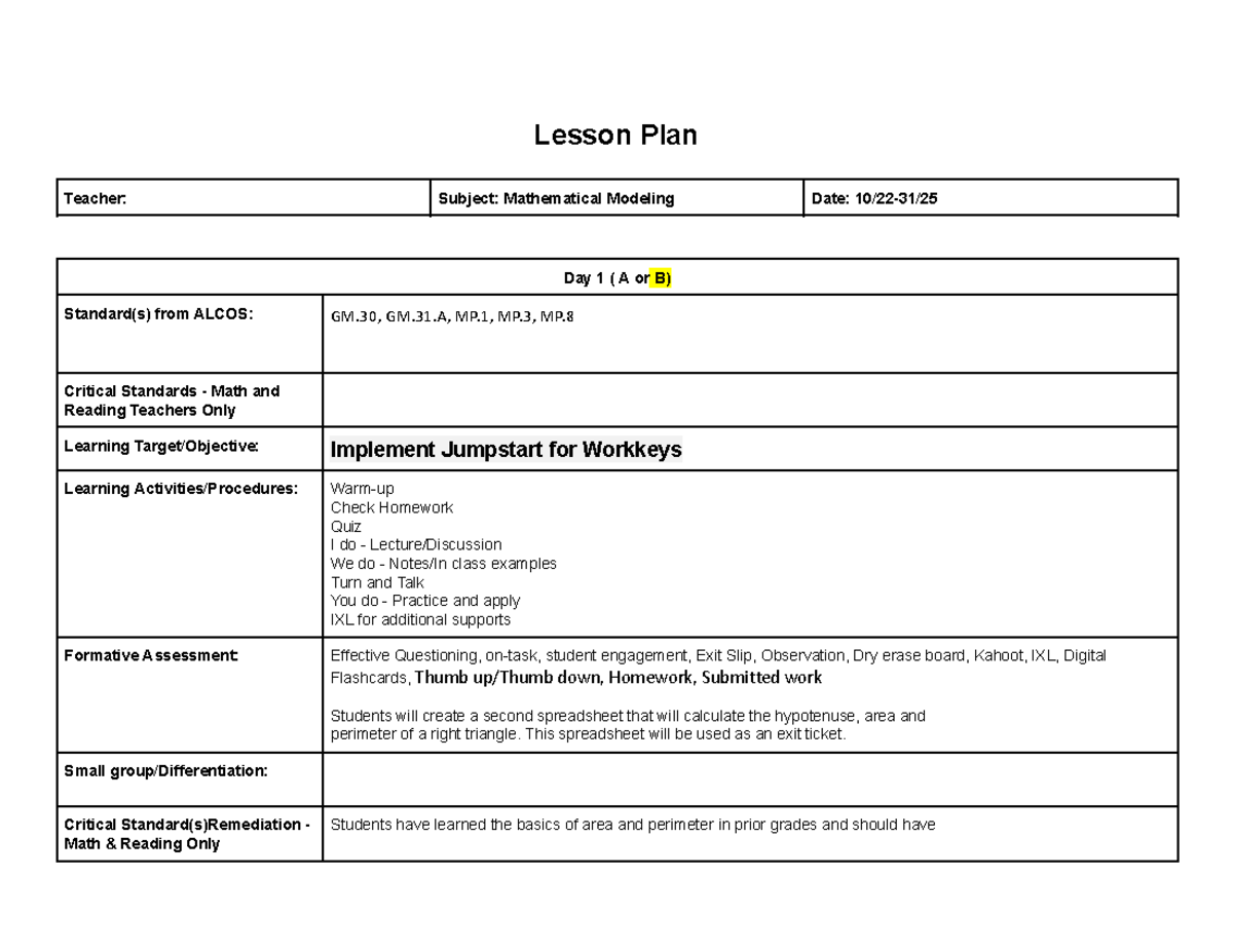 Mathematical Modeling 10 Lesson Plan Template (2025-2026) - Studocu