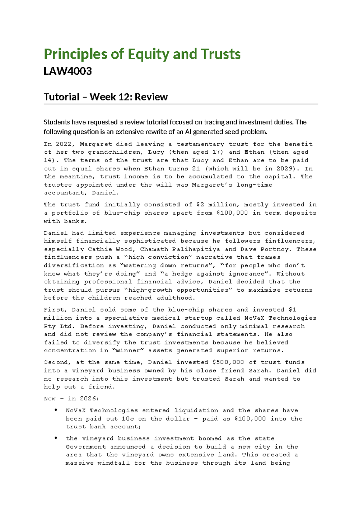 LAW4003 Principles of Equity and Trusts Tutorial 12: Tracing ...