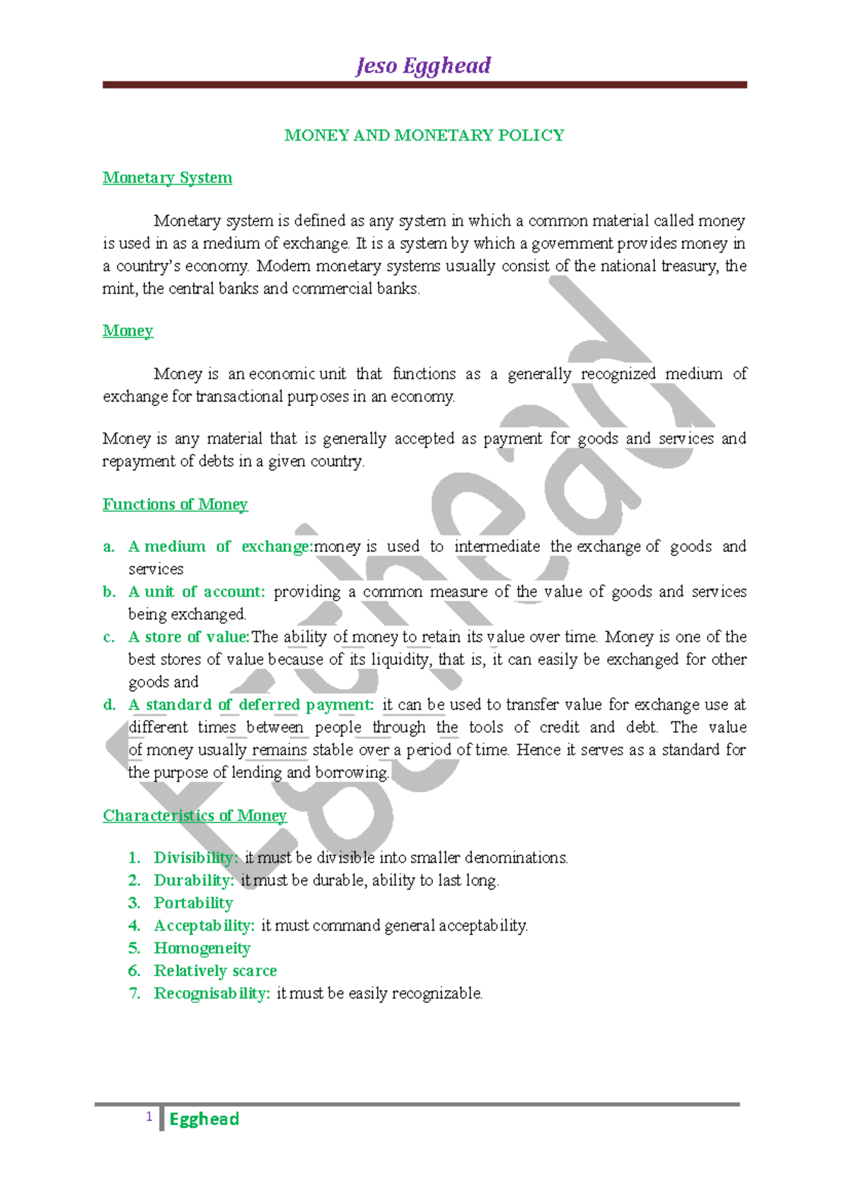 Note on Economics - Lecture notes 1 - MONEY AND MONETARY POLICY ...
