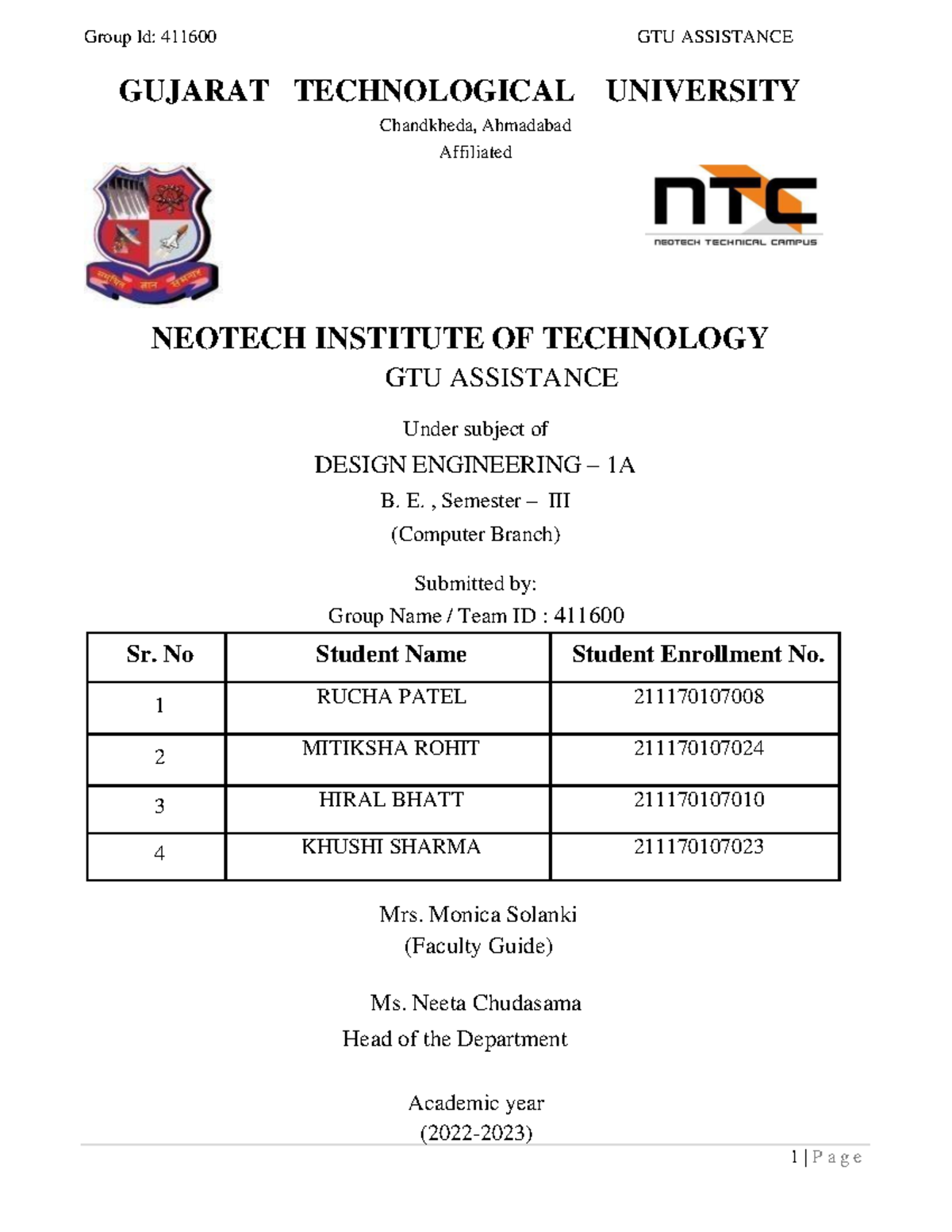 Design Engineering Project Report (DE-1A) - Semester 3 - Studocu