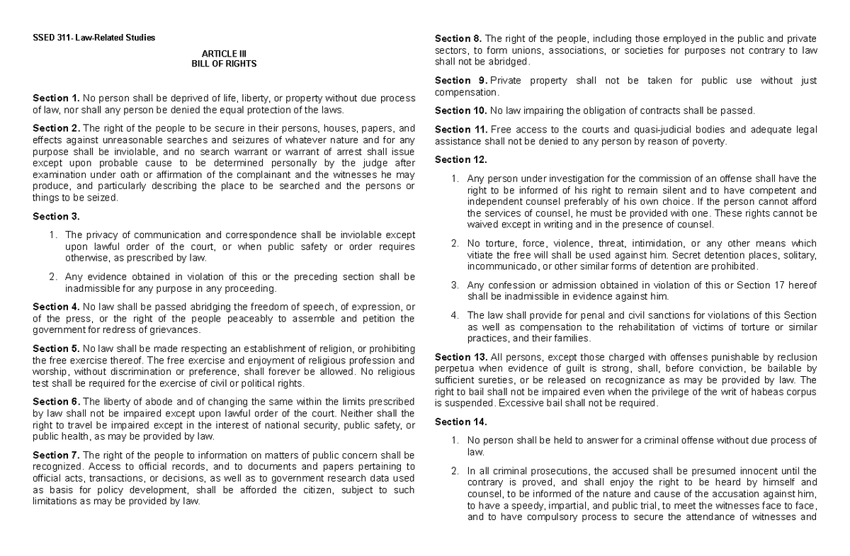 LAW- Reviewer on the Bill of Rights and Penal Code - Final Exam Notes ...