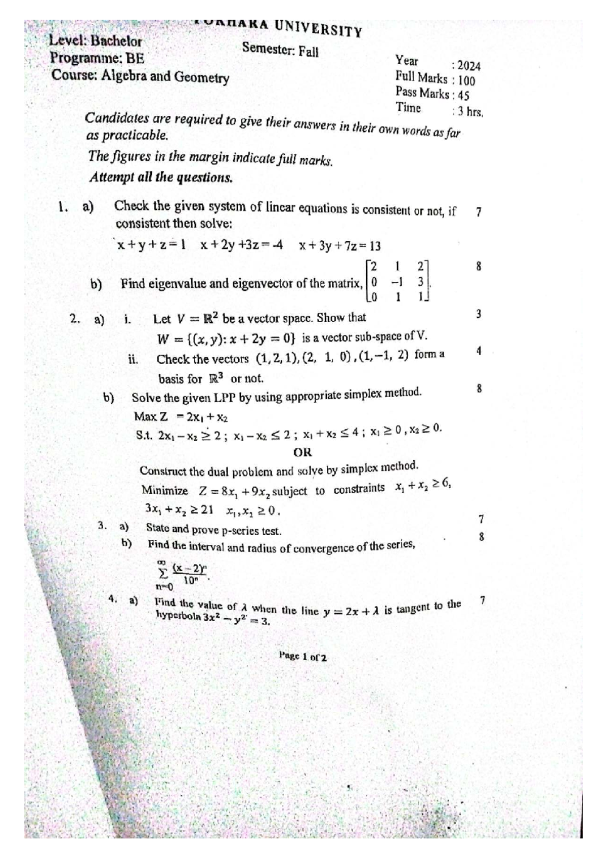 QP of Sem2 - BE 2024 Algebra and Geometry Exam Paper - Studocu