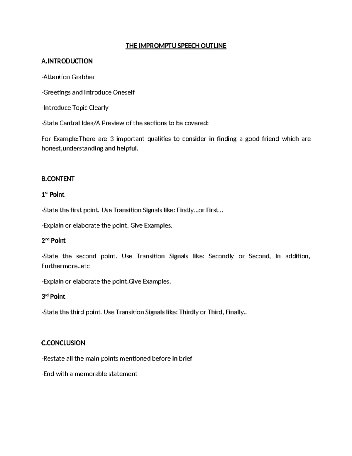 THE Impromptu Speech Outline - THE IMPROMPTU SPEECH OUTLINE A ...