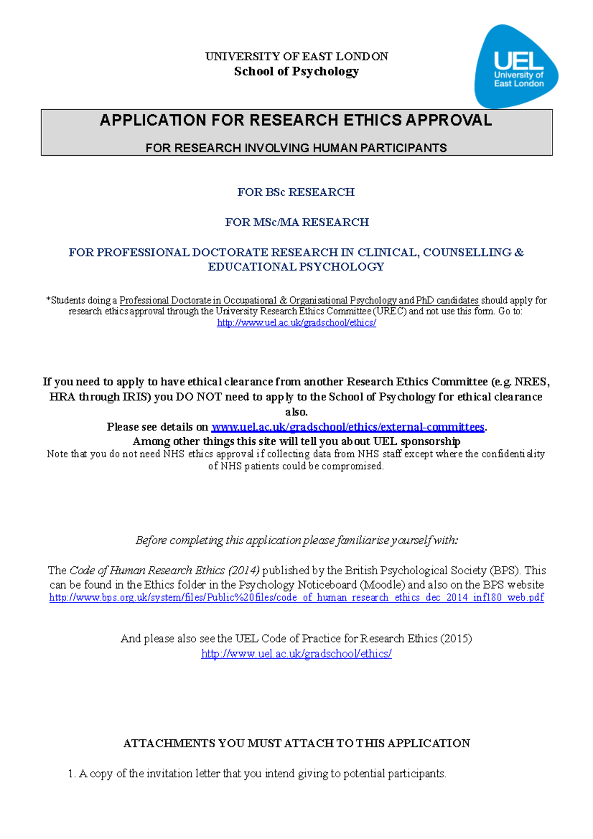 BSc/MSc Research Ethics Approval Application Form for Psychology ...