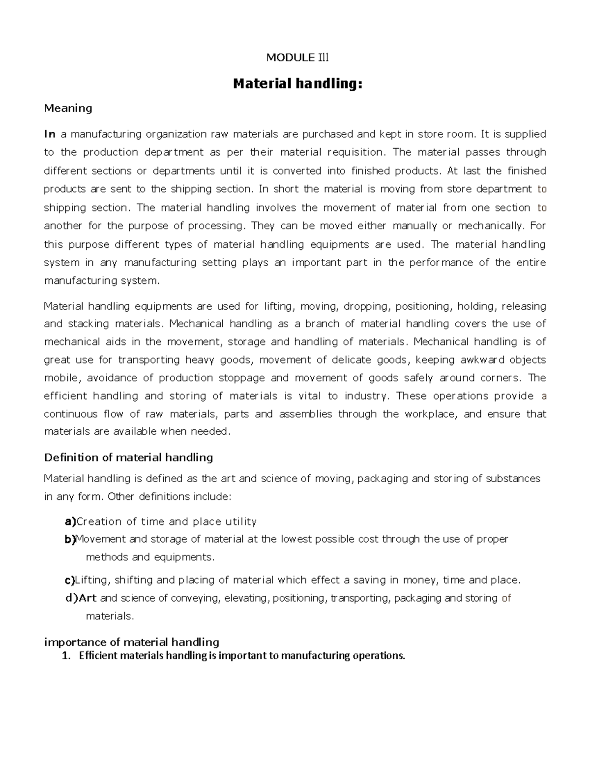 Material handling - Detailed study notes - MODULE Ill Material handling ...