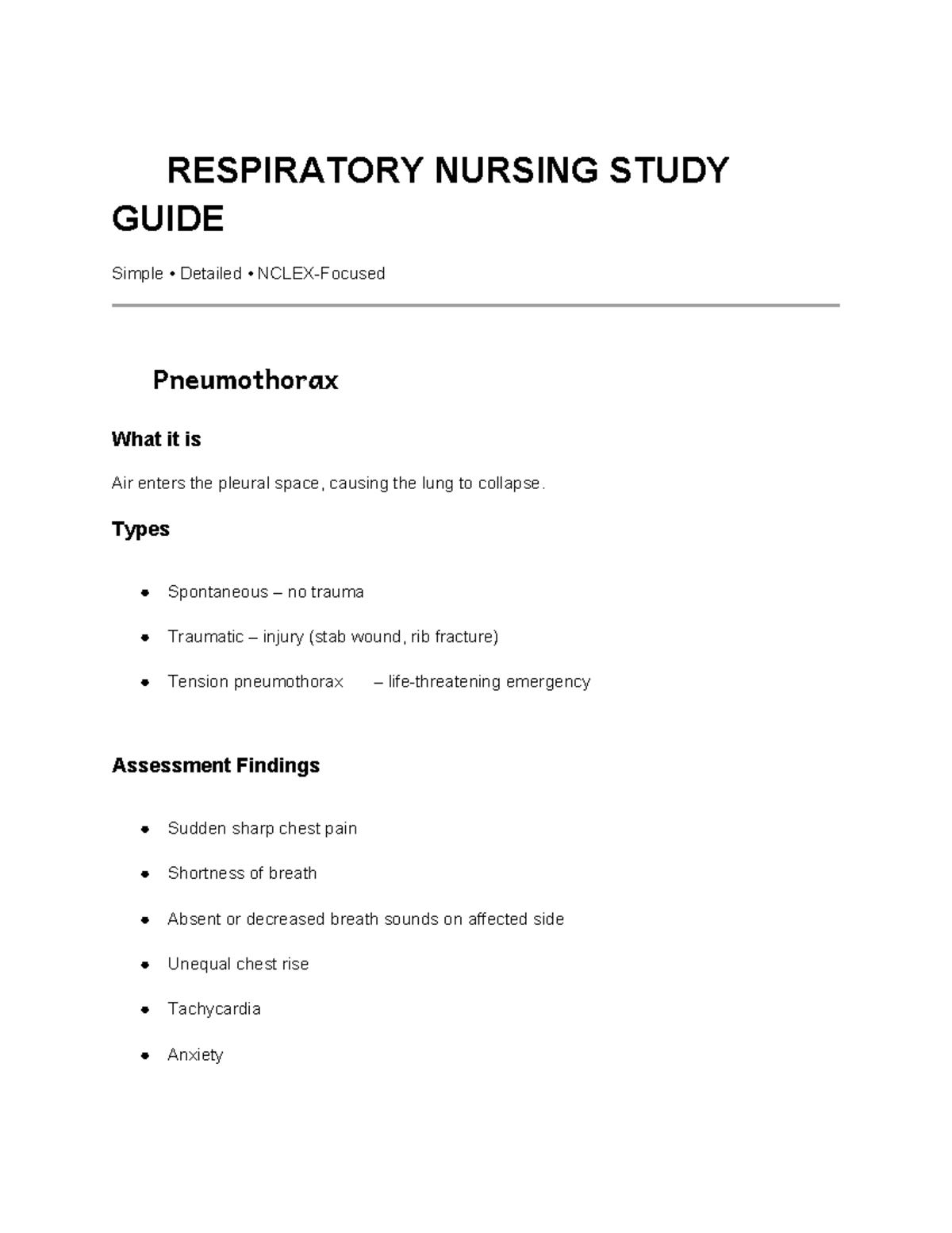 Respiratory Nursing Study Guide: Pneumothorax & Interventions - Studocu
