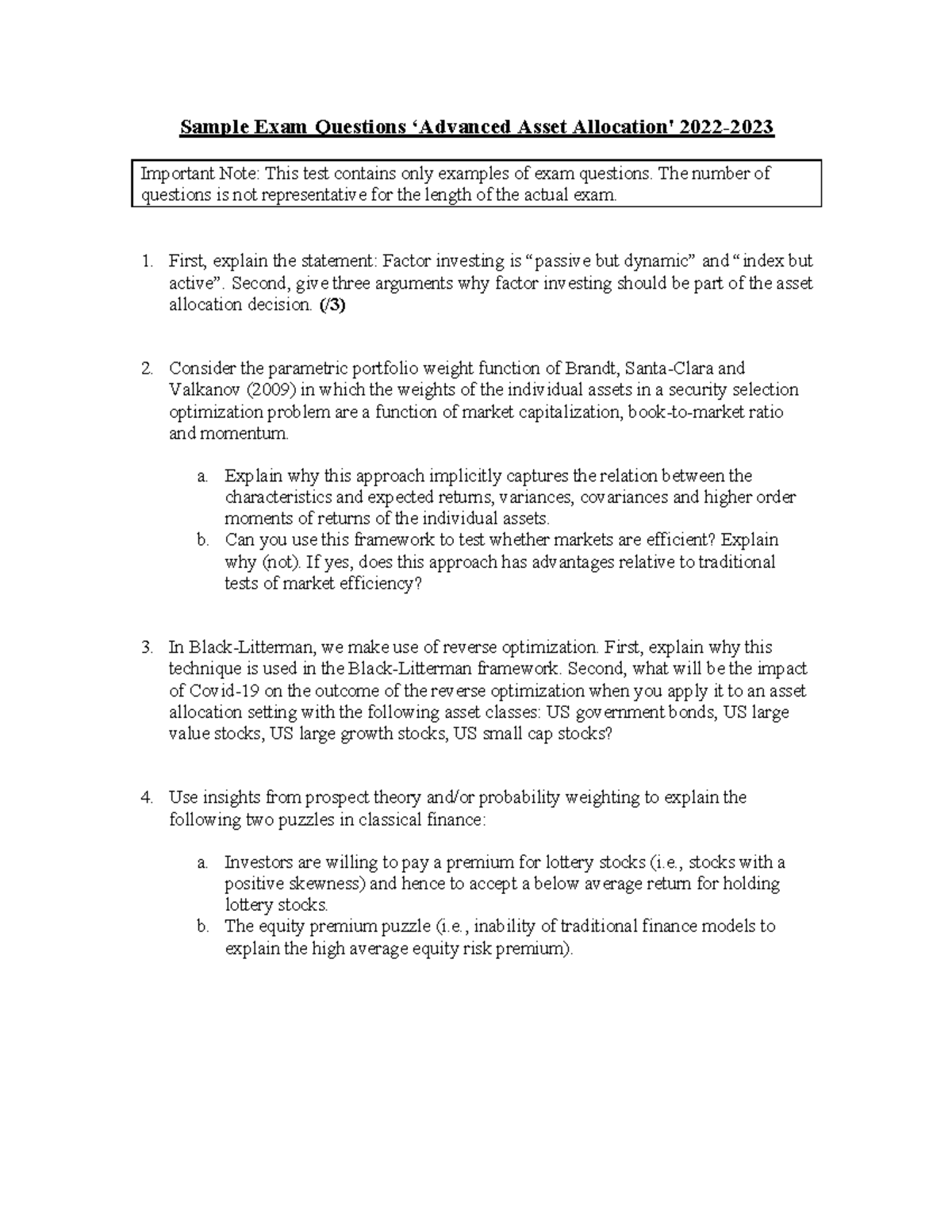 AAA (22-23) - Advanced Asset Allocation Sample Exam Questions - Studocu