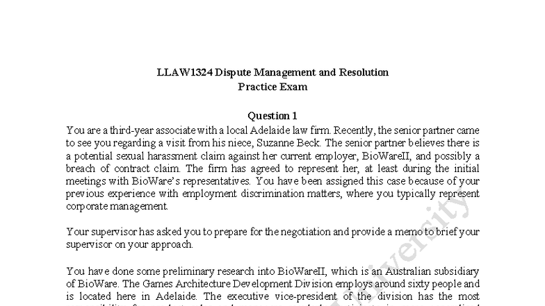 LLAW1324 Dispute Management & Resolution Practice Exam Memo - Studocu