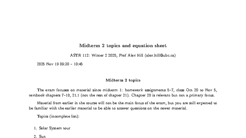 Midterm 2 Study Guide & Equation Sheet ASTR 112: Winter 2025 - Studocu