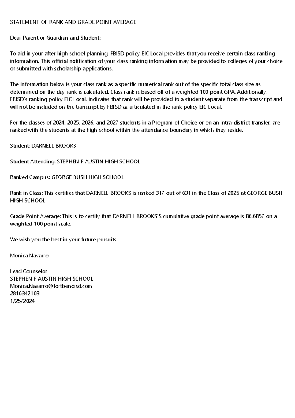 Class Rank Notification for Darnell Brooks - Class of 2025 - Studocu