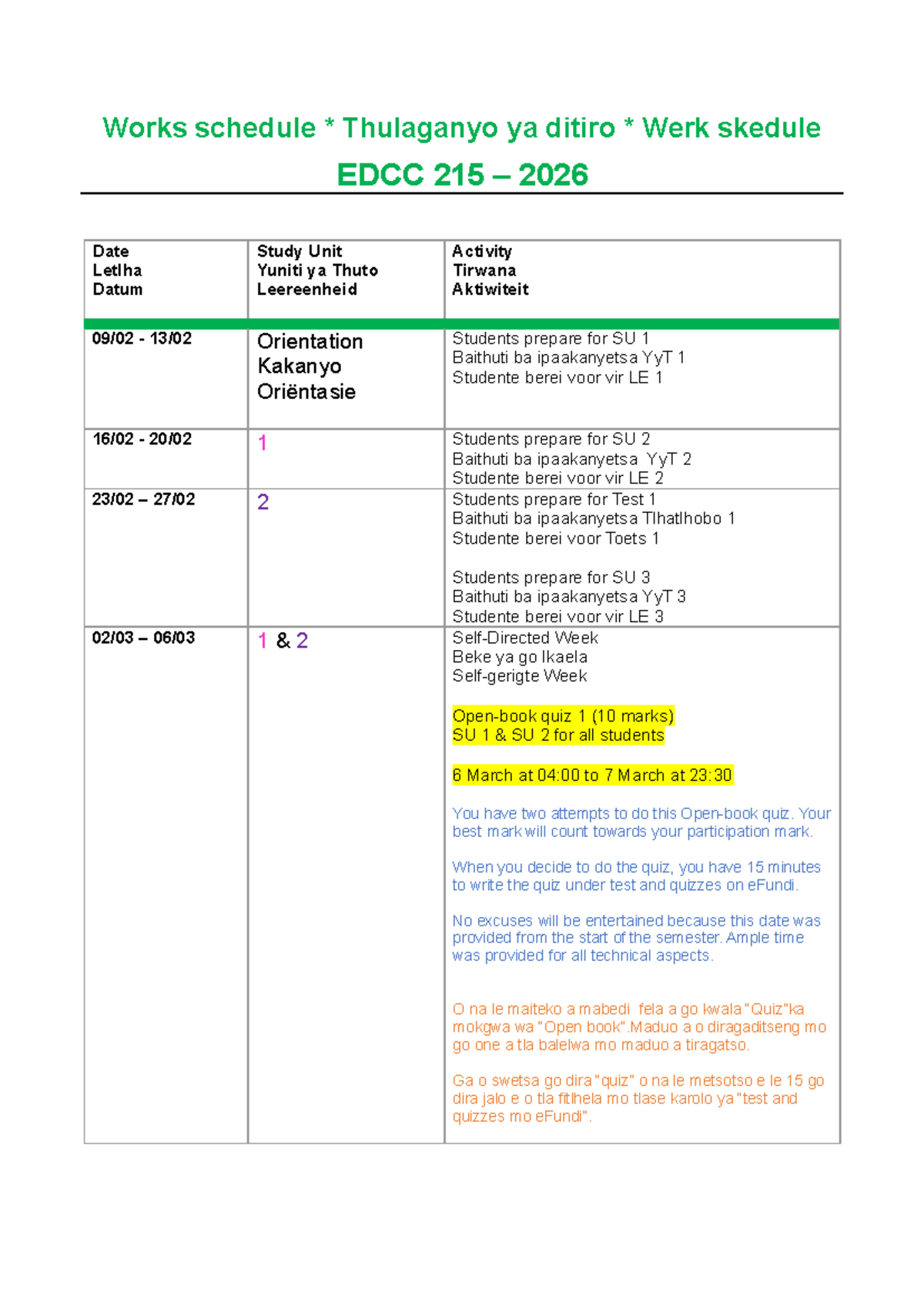 EDCC 215 2026 Works Schedule and Exam Preparation Guide - Studocu