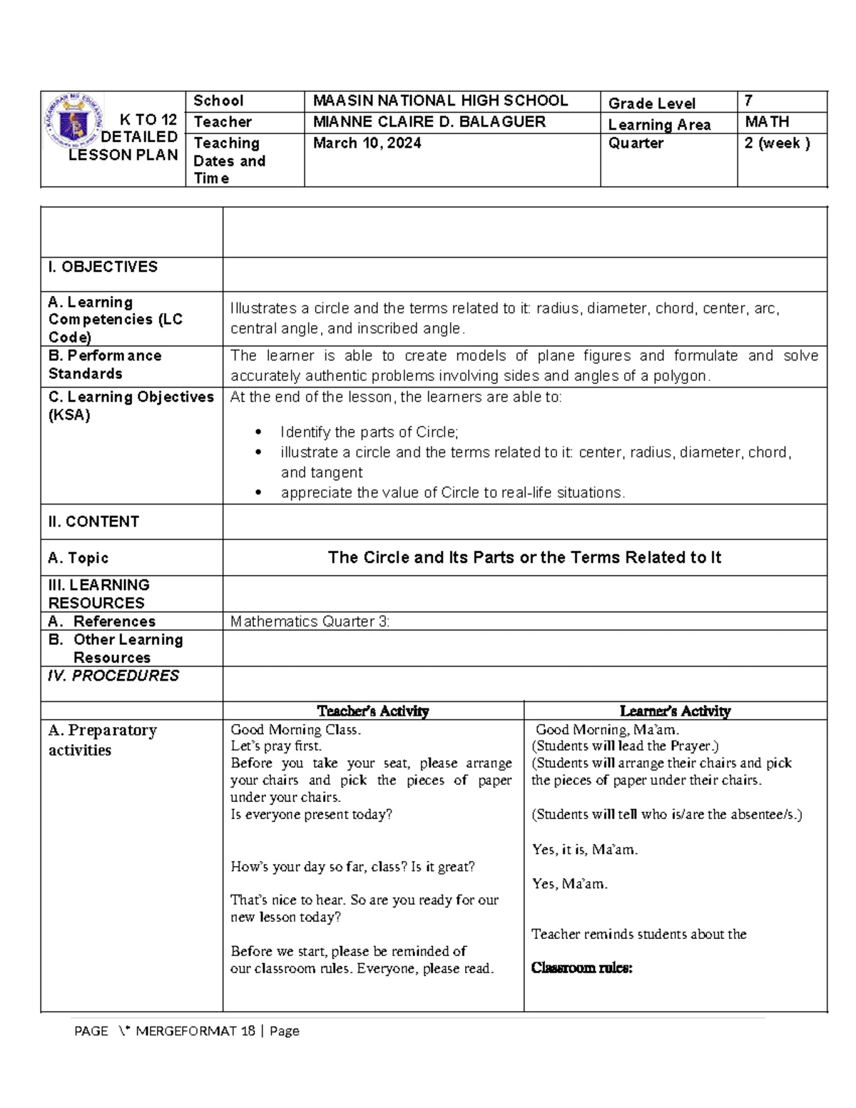 Lesson Plan on Polygons for MATH 7 - Week 2, Quarter 3 - Studocu
