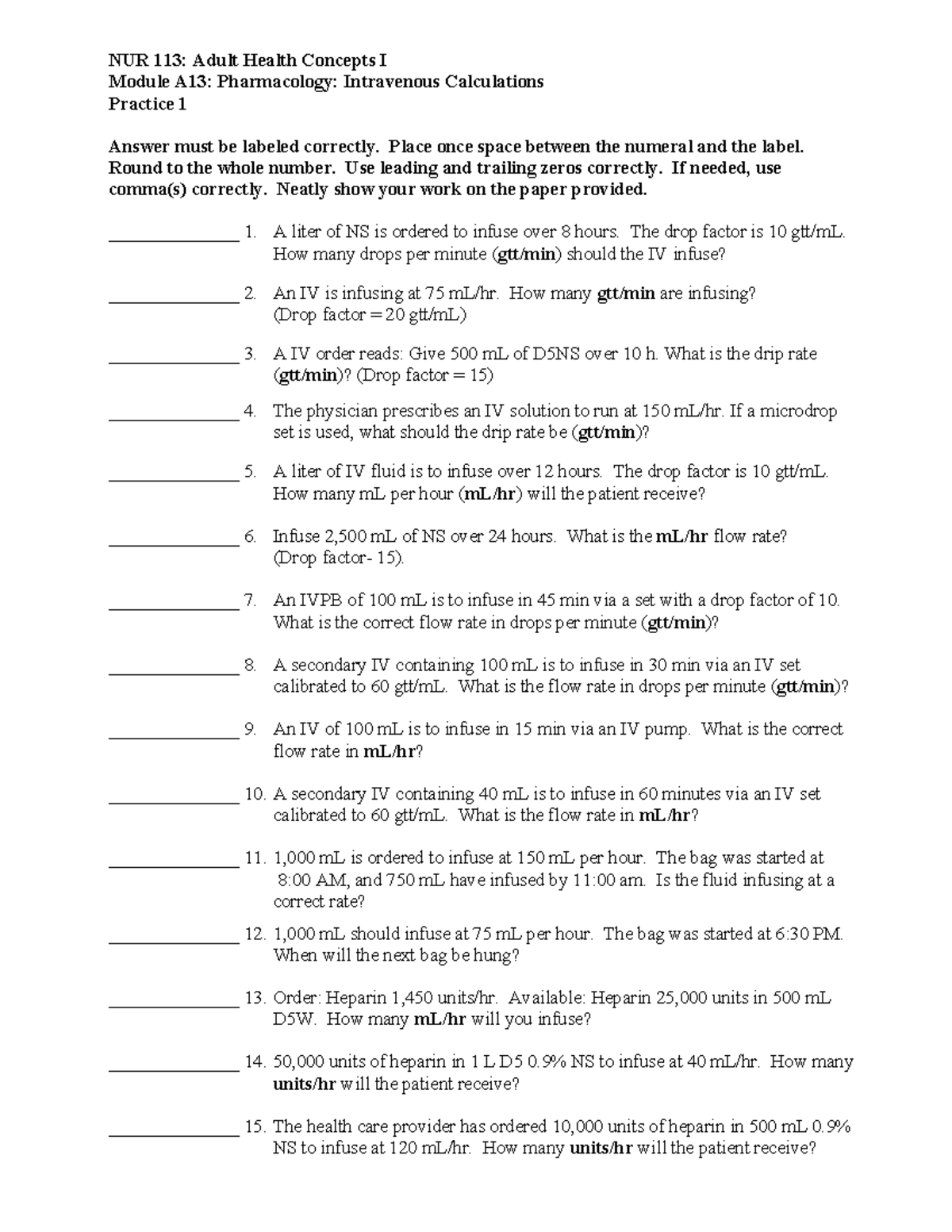 IV Calculations Practice 1 - NUR 113: Adult Health Concepts I Module ...